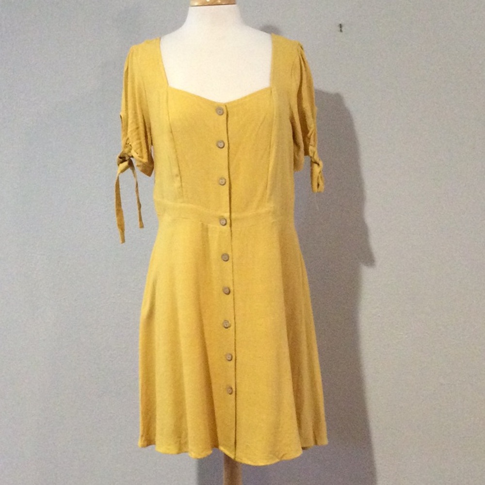 IFFEI Mustard Yellow Full Button Front Tie Sleeve A-Line Dress Size XL NWT